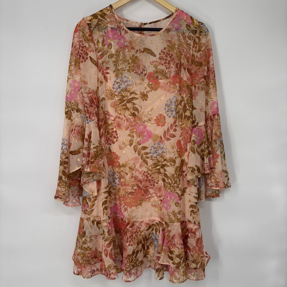 Eliza J Floral Mini Dress Size 8 Pink Gold Metallic Bell Sleeve Ruffle‎ Fairy